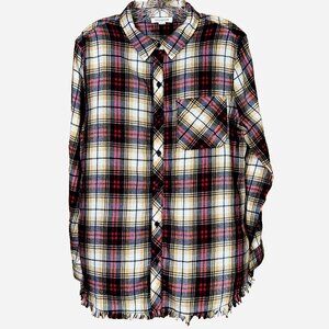 Beach Lunch Lounge Plaid Flannel Shirt S/P Cozycore Rustic Chic Fringed Hem